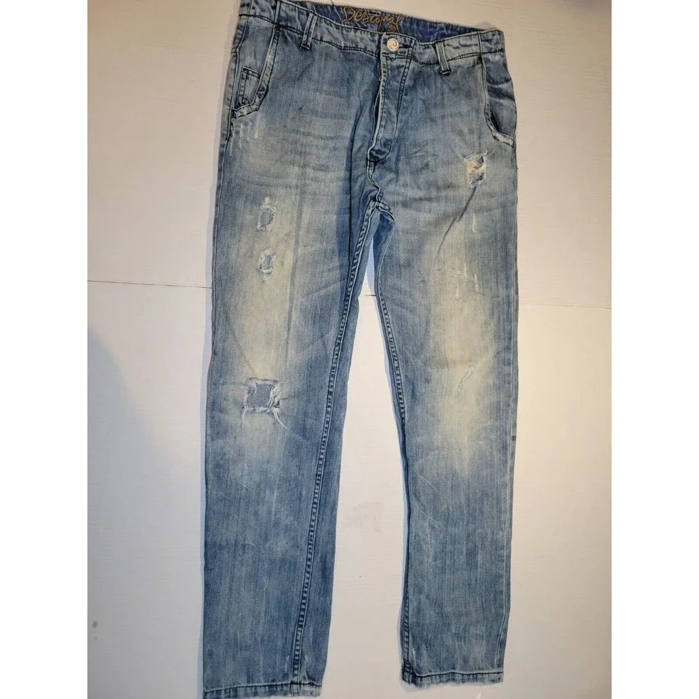 Desigual Men Jeans Regular Straight Size W34 L32 Button Fly Ripped 5 Pocket Blue